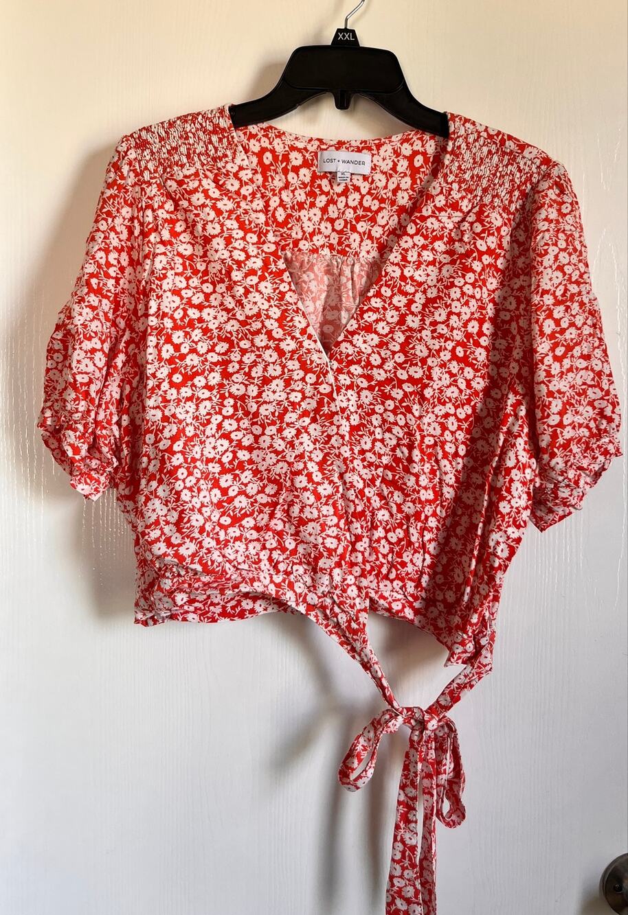 LOST + WANDER Red White Floral Print Side Tie Wrap Blouse Crop Top Size XL
